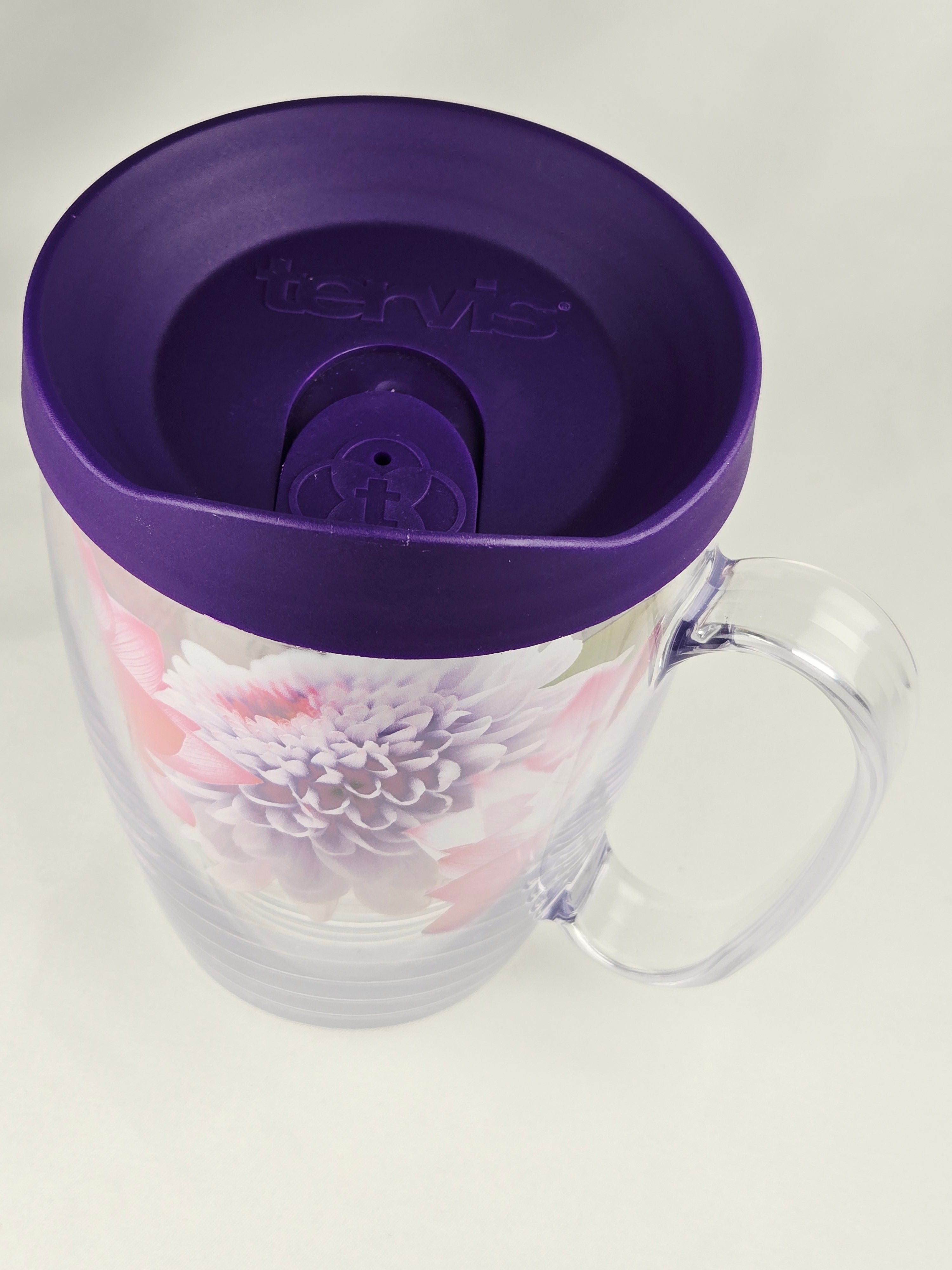 Tervis Double Wall Floral Travel Mug With Purple Lid & Handle – Insulated Coffee Cup