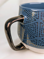 Blue Geometric Threshold Stoneware Coffee Mug Gold Accent Handle Large Cup