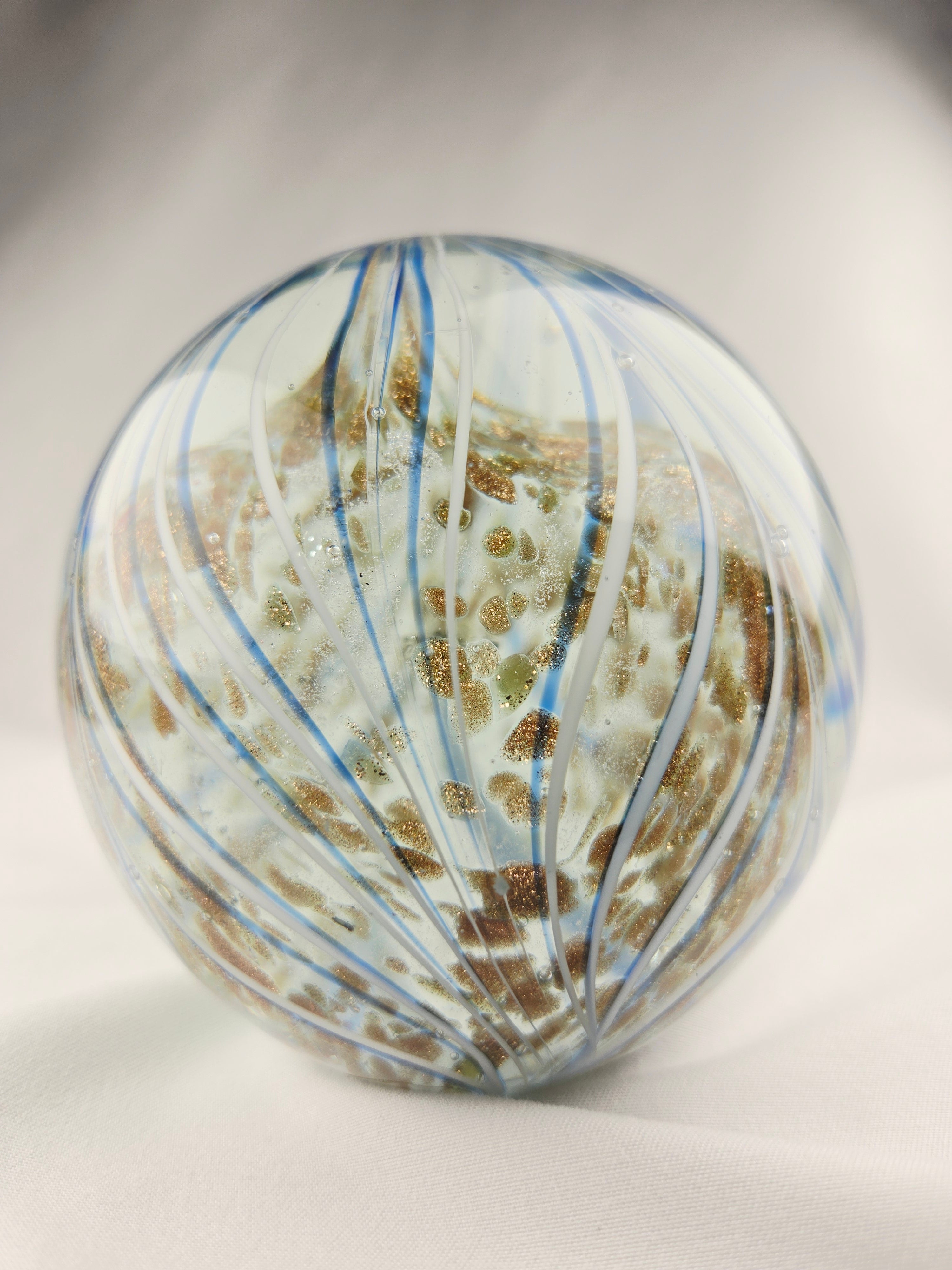 Handblown Art Glass Orb Paperweight — Blue Ribbon Swirl with Gold Fleck Interior