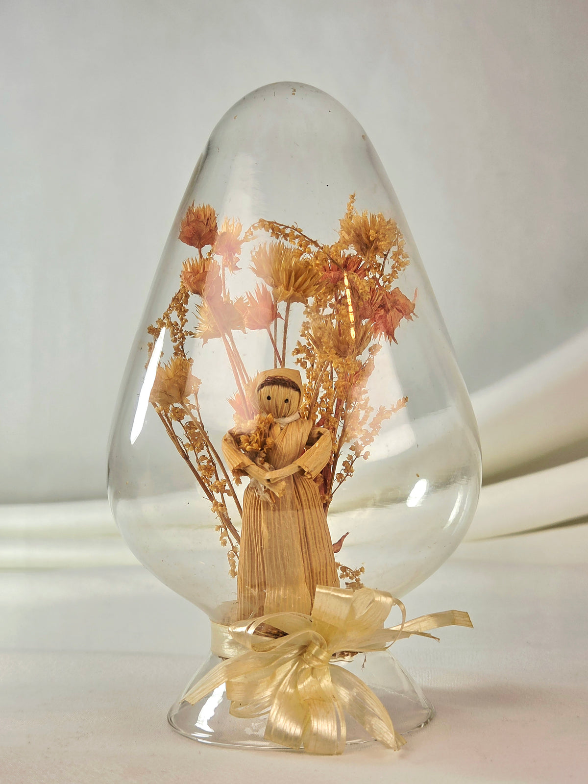 Vintage Taiwan Corn Husk Doll Glass Dome Dried Flower Diorama 6x4 Folk Art Decor