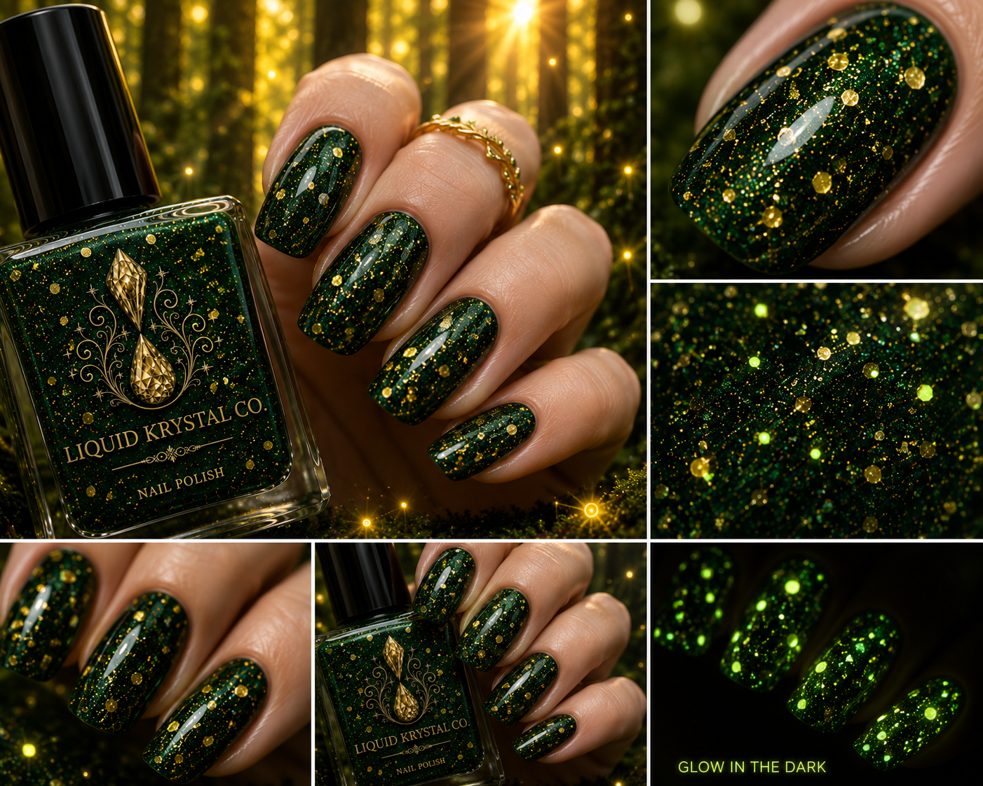 Firefly Hollow | Prototype 2027 – NOT FOR SALE | Glow in the Dark Woodland Nail Polish | Hunter Green Jelly with Gold Firefly Glitter | Liquid Krystal Co
