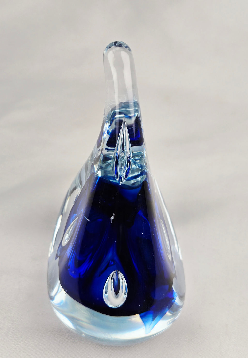 Signed AJ Blue Art Glass Teardrop Paperweight — Cobalt Core Handblown Studio Glass Sculpture -6.5"