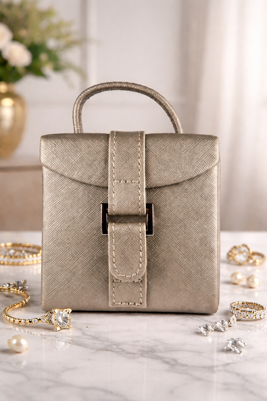 Heritage by WOLF Travel Jewelry Case — Metallic Taupe / Platinum Tone