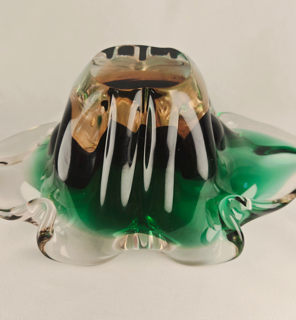 Large Sculptural Sommerso Art Glass Bowl – Emerald Green & Blush 12” Centerpiece