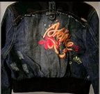 Y2K Akademiks Cropped Denim Bomber Jacket – Embroidered Buckle Detail Zip-Up