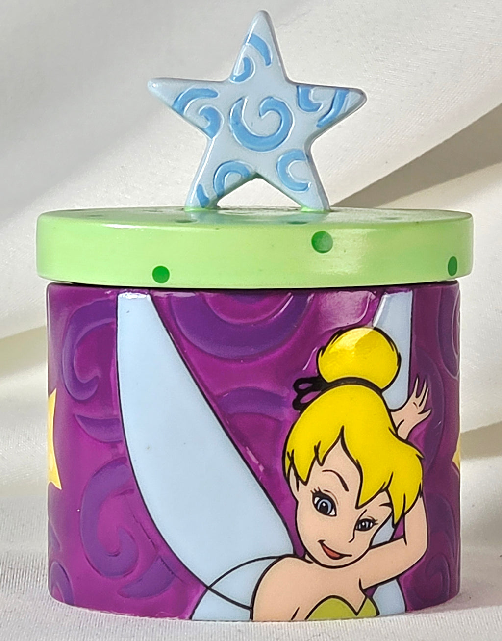 Disney Tinker Bell Happy Thoughts Trinket Box Purple Green Star Lid Fairy Keepsake Box 3"