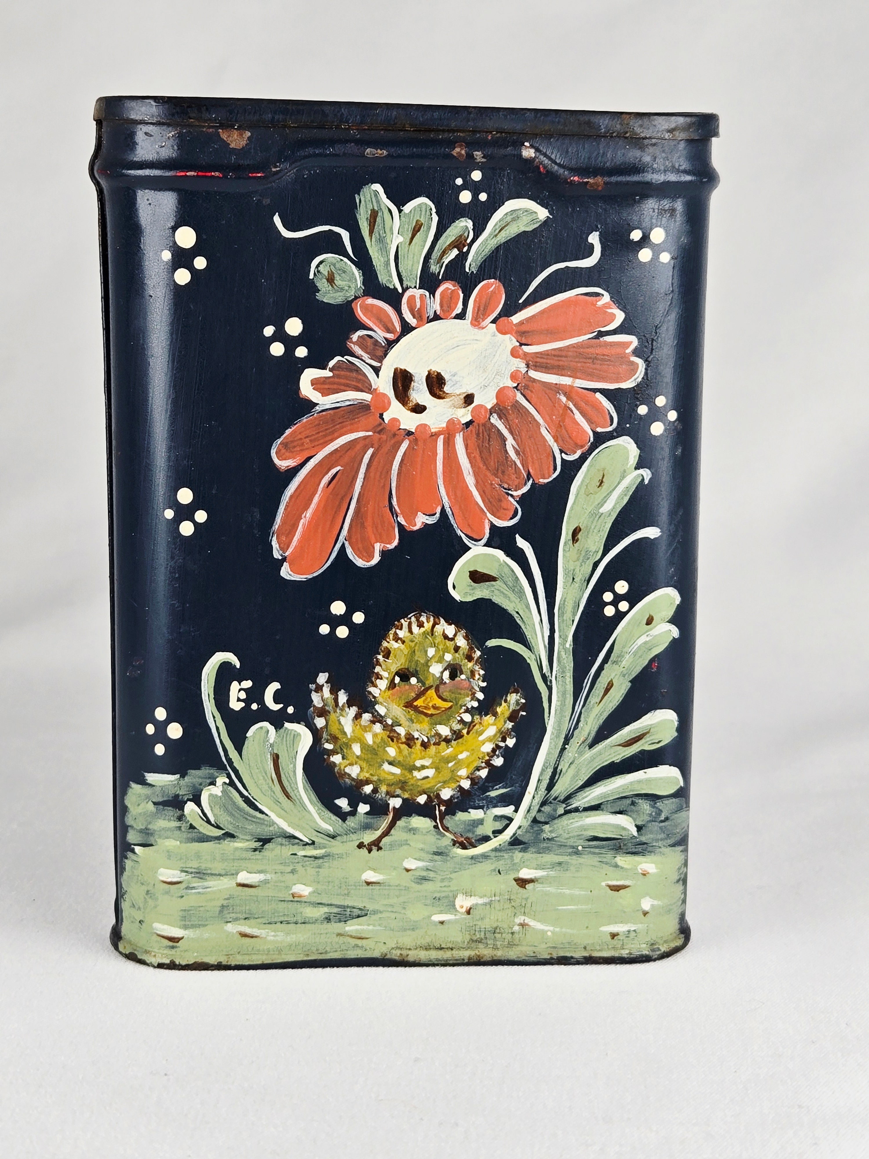 Prince Albert Vintage Tobacco Tin — Signed E.C. Hand-Painted Folk Art Hearth Decor